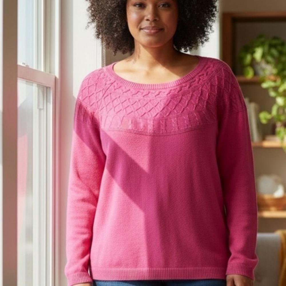 Talbots Outlet Pink Cable Knit Crew Neck Sweater fair isle cotton swea…